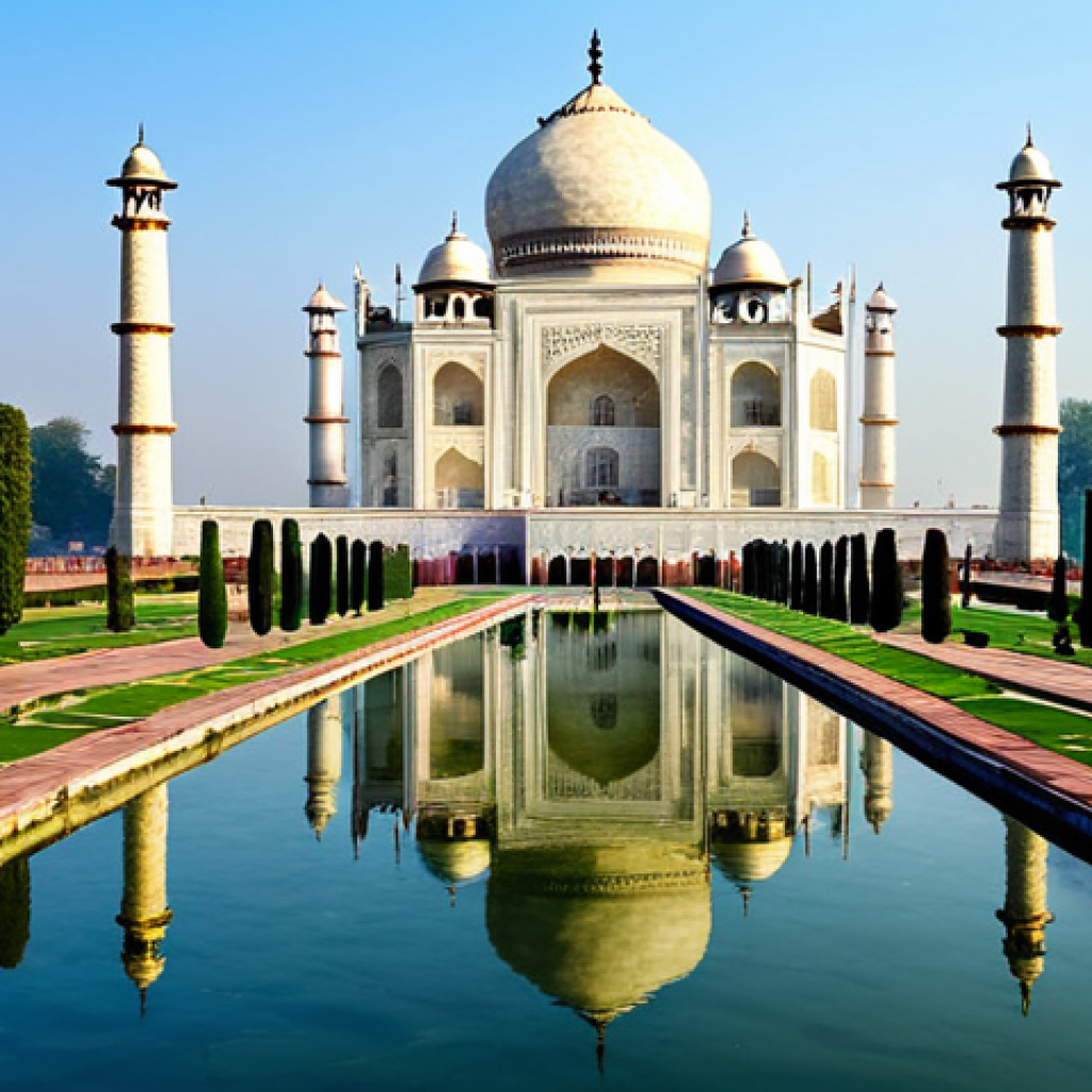 **
"The Taj Mahal bathed in the soft morning light, reflecting in the Yamuna River. Symmetrical Mughal gardens in the foreground with water channels and fountains. Crisp, clear details, professional photography, perfect anatomy (of any included people, fully clothed), correct proportions, natural pose. Safe for work, appropriate content, fully clothed, family-friendly, architectural masterpiece, daytime, blue sky, serene atmosphere."
**