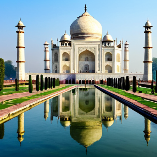 **

"The Taj Mahal bathed in the soft morning light, reflecting in the Yamuna River. Symmetrical Mughal gardens in the foreground with water channels and fountains. Crisp, clear details, professional photography, perfect anatomy (of any included people, fully clothed), correct proportions, natural pose. Safe for work, appropriate content, fully clothed, family-friendly, architectural masterpiece, daytime, blue sky, serene atmosphere."

**
