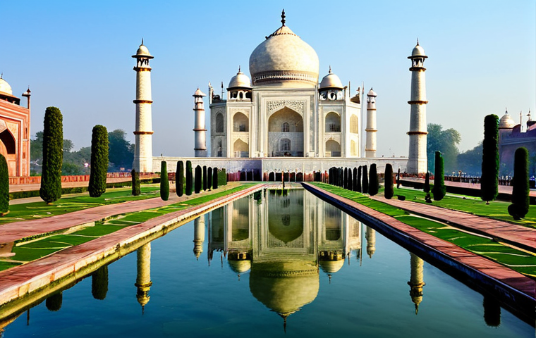 **

"The Taj Mahal bathed in the soft morning light, reflecting in the Yamuna River. Symmetrical Mughal gardens in the foreground with water channels and fountains. Crisp, clear details, professional photography, perfect anatomy (of any included people, fully clothed), correct proportions, natural pose. Safe for work, appropriate content, fully clothed, family-friendly, architectural masterpiece, daytime, blue sky, serene atmosphere."

**