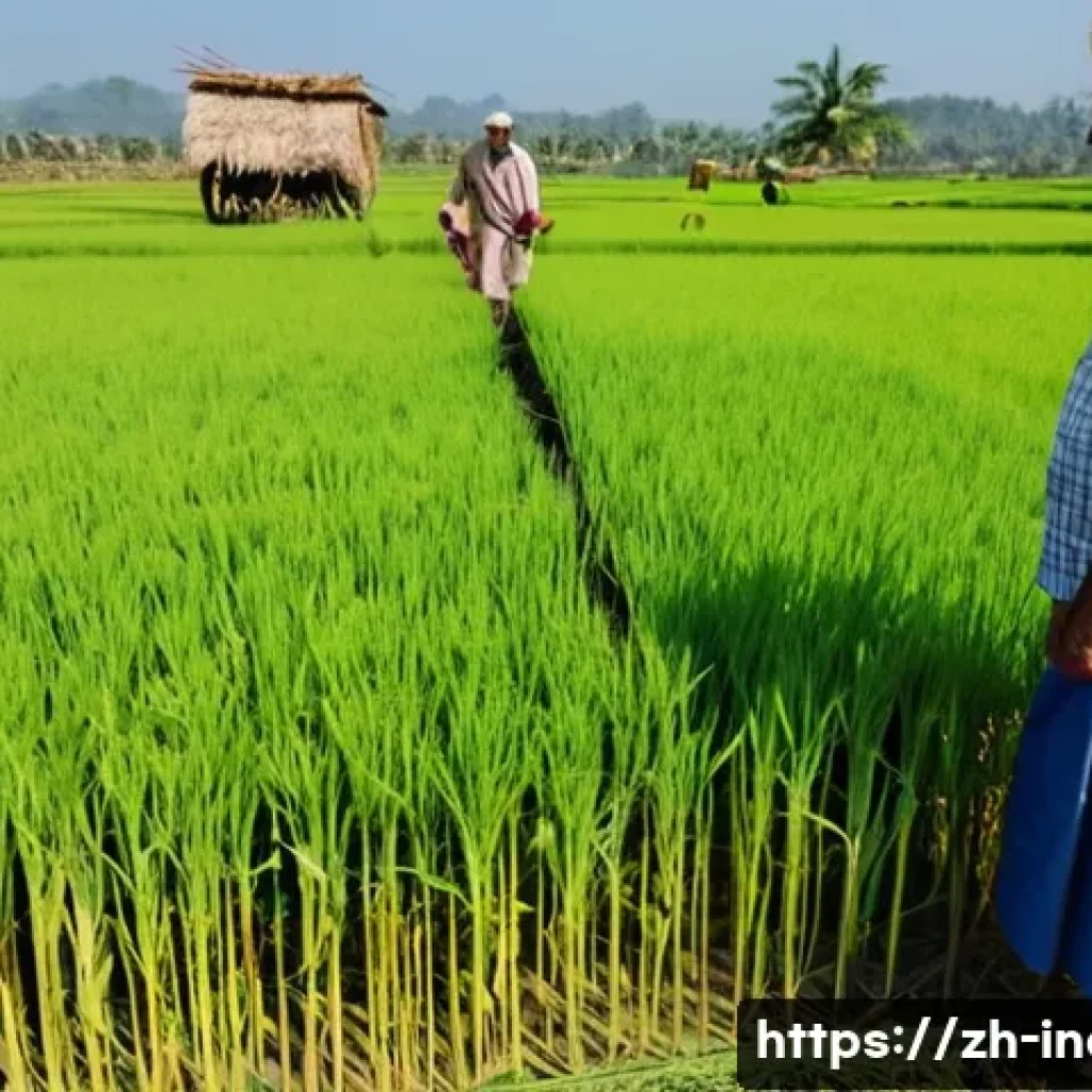인도 농촌 경제의 특성과 문제점 - A vibrant, wide-angle shot of a flourishing golden rice paddy field under a clear blue sky in rural ...