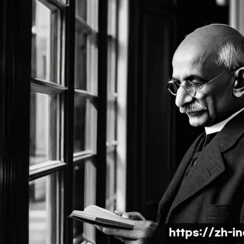 마하트마 간디 생애와 철학 - **Prompt:** A young, thoughtful Mahatma Gandhi in late 19th-century London. He is dressed in a modes...