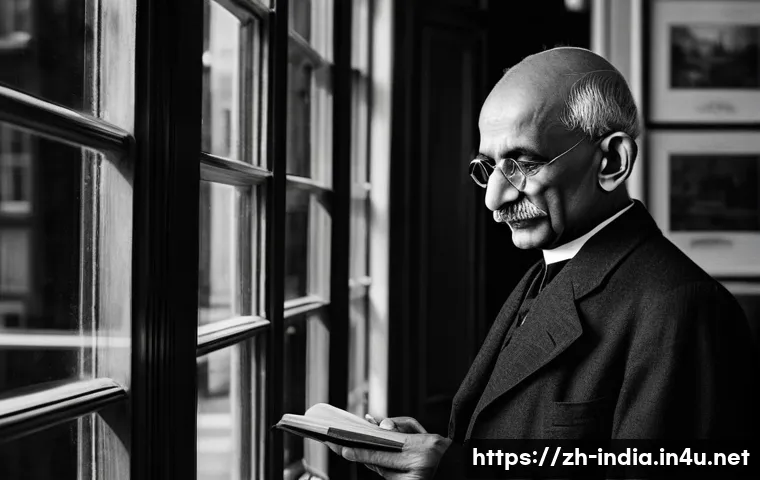마하트마 간디 생애와 철학 - **Prompt:** A young, thoughtful Mahatma Gandhi in late 19th-century London. He is dressed in a modes...